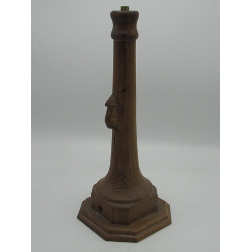 2042 - Robert Mouseman Thompson - oak table lamp, turned column on stepped octagonal base, carved with sign... 