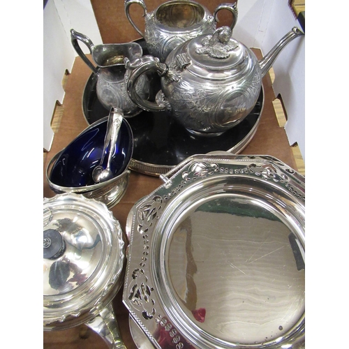 543 - Victorian Howard of Sheffield, silver plated three-piece bullet shaped tea set, early C20th ebony tr... 