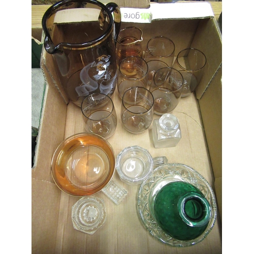 538 - Box of various glassware including water jug with painted flamenco design and a set of six matching ... 
