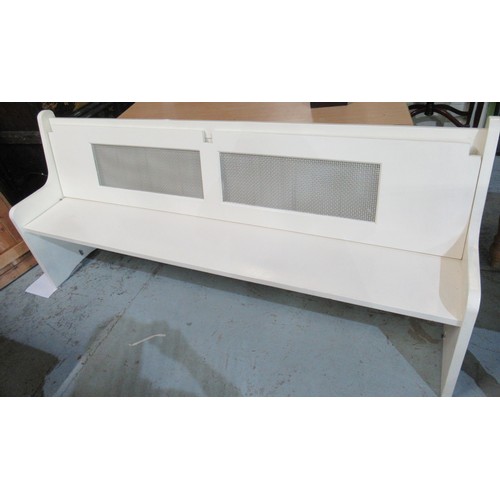 525 - Large cream painted pew type bench seat with panelled back on shaped end supports W215cm D50cm H94cm