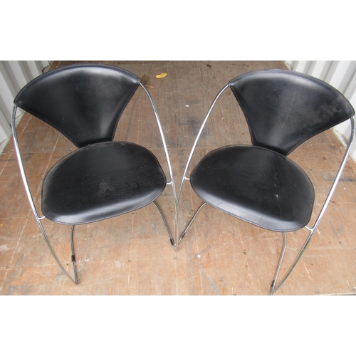 522 - Set of four Italian Arrben dining chairs, curved chrome metal frames with black leather seat and bac... 