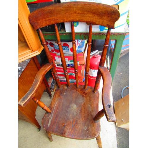 508 - Victorian beech and elm stickback kitchen armchair on turned supports