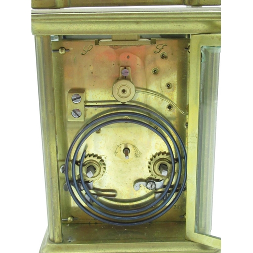 2143 - Late C19th French brass gorge cased carriage clock with white enamel Roman dial, twin train movement... 