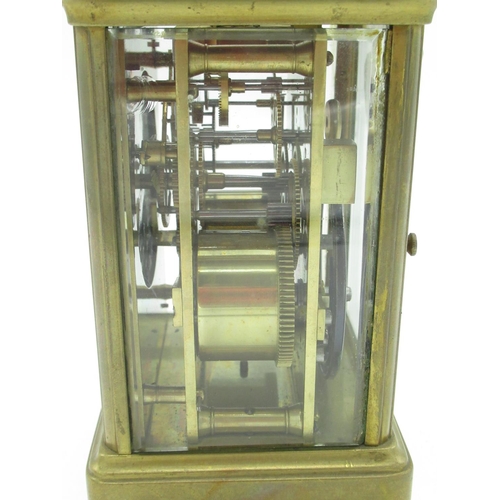 2143 - Late C19th French brass gorge cased carriage clock with white enamel Roman dial, twin train movement... 