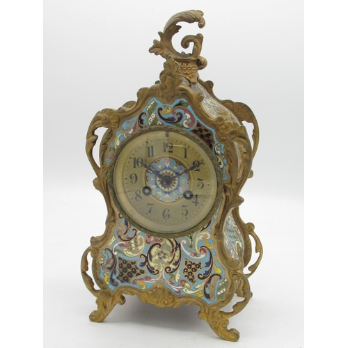 2136 - C20th French champlevé enamel and gilt metal rococo design clock, shaped case with scroll cresting, ... 