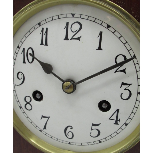 2146 - Edwardian inlaid mahogany lancet cased bracket clock, white enamel Arabic dial with brass bezel, twi... 