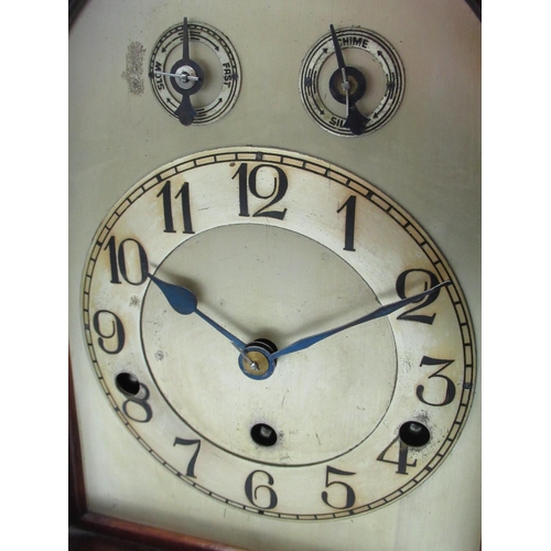 2147 - C20th arched top mahogany cased bracket clock, silvered dial with Arabic chapter and subsidiary slow... 