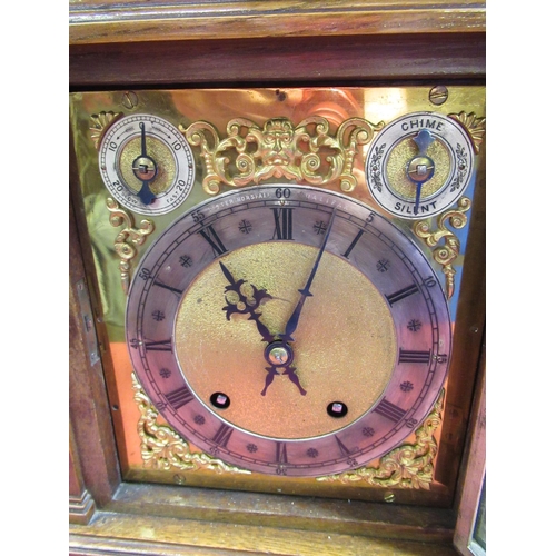 2144 - Late C19th oak cased architectural bracket clock, angular cornice and scroll columns, the square bra... 