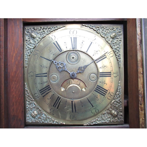 2149 - Late C18th oak long case clock, flat topped hood with turned columns, Roman dial with Arabic five mi... 