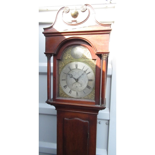 2150 - Early C19th mahogany long cased clock, swan necked pediment with ball and spire finial, arched brass... 