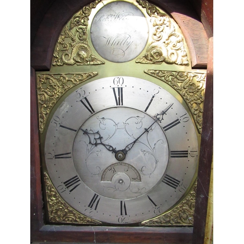 2150 - Early C19th mahogany long cased clock, swan necked pediment with ball and spire finial, arched brass... 