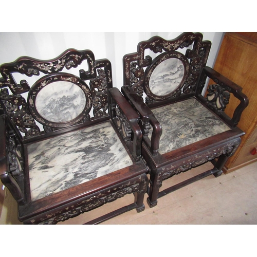 2301 - Pair of late C19th Chinese hardwood throne type chairs, inlaid all over with mother of pearl flower ... 