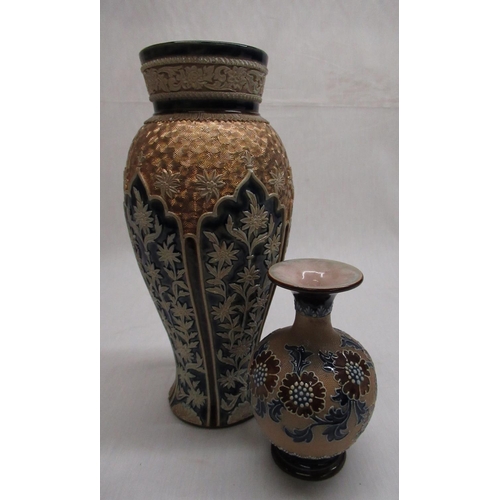 2171 - Doulton Lambeth vase, baluster body relief decorated with panels of trailing foliage, gilt spiral sh... 