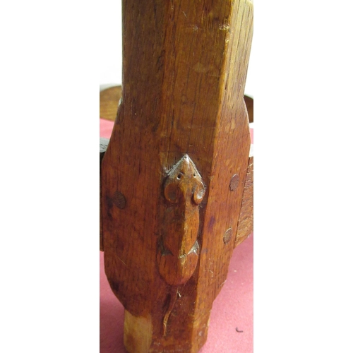 2022 - Robert Mouseman Thompson - oak stool with nailed plaited leather top on segmented octagonal legs joi... 