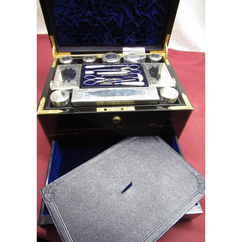 2079 - Victorian Asprey & Son brass bound coromandel Vanity box, fitted interior with ten silver hallmarked... 