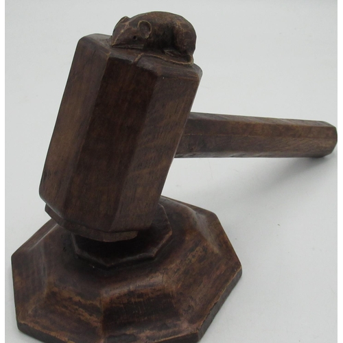 2033 - Robert Mouseman Thompson - oak gavel with octagonal head and handle, stepped block carved with signa... 