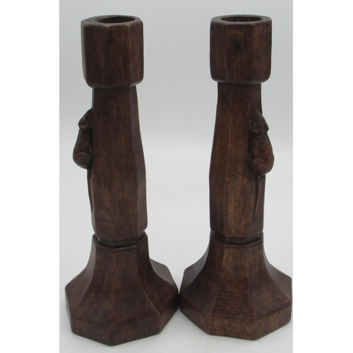 2034 - Robert Mouseman Thompson - pair of oak candlesticks of octagonal tapering form, on similar bases, ca... 
