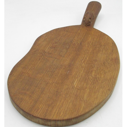 2048 - Robert Mouseman Thompson - oak kidney shaped cheeseboard, curved handle carved with signature mouse,... 