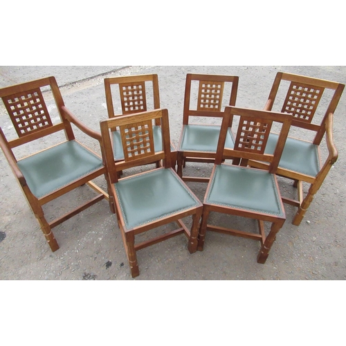 2005 - Robert Mouseman Thompson - set of six oak dining chairs with lattice backs and brass nail upholstere... 