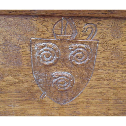 2067 - Thomas Gnomeman Whittaker - set of six oak dining chairs, solid panel backs carved with the arms of ... 