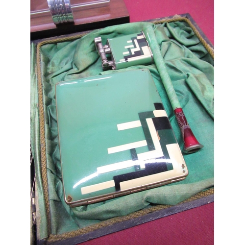 102 - 1930's green enamel three piece cased smokers companion comprising cigarette case, Dunhill style lig... 