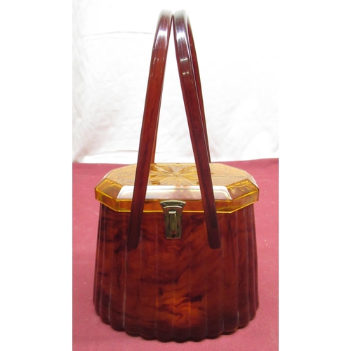 105 - Unusual 1920's celluloid amber tinted ladies handbag with twin swing handles, 1930's design cigarett... 