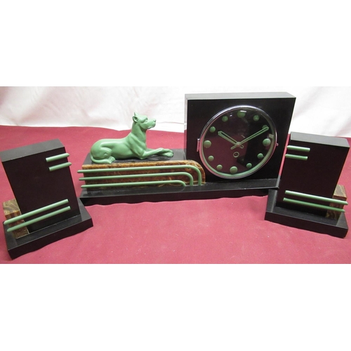 73 - Mid C20th French Art Deco style slate and marble clock garniture, set with a recumbent dog
