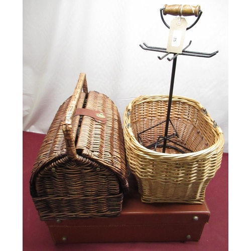 75 - Wicker shopping basket with twin swing handles, wicker picnic basket, vintage brown leather suitcase... 