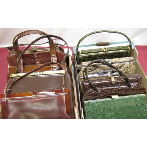 79 - Vintage snake skin handbag with chromium plated mounts, 3 patent leather ladies handbags, brown leat... 