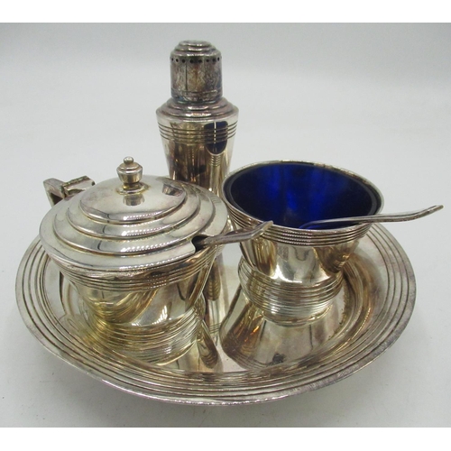 86 - 1930's Mappin & Webb's Prince's 4 piece cruet designed by Keith Murray comprising salt, pepper, must... 