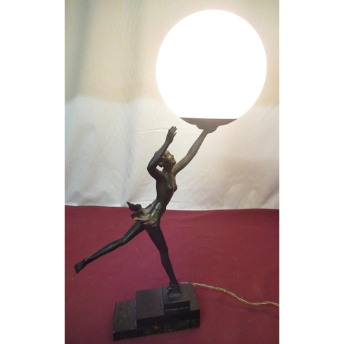 98 - 1930's bronzed Spelter table lamp in the form of a ballerina with outstretched arm holding mottled g... 