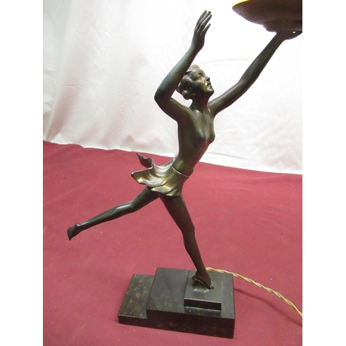 98 - 1930's bronzed Spelter table lamp in the form of a ballerina with outstretched arm holding mottled g... 