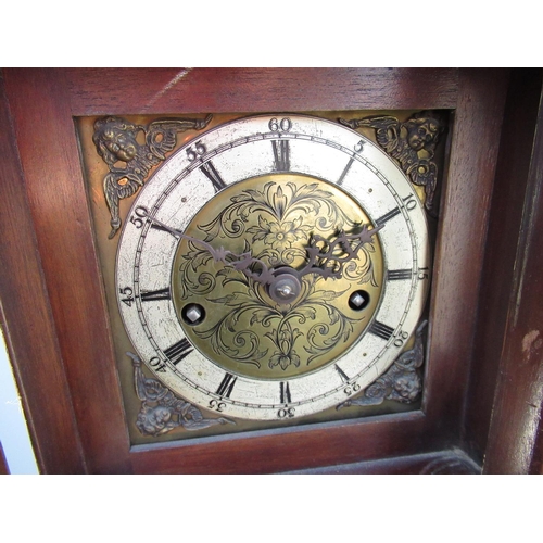 2151 - Geo.III style small mahogany longcase clock, with dentil cornice and blind fret frieze above 5.5cm s... 