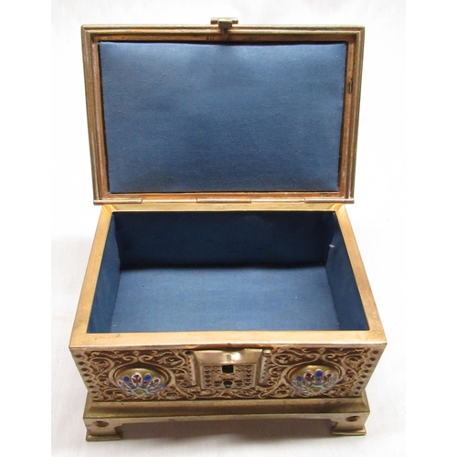 2131 - Victorian gilt brass rectangular jewellery casket, all over relief decorated with scrollwork and col... 