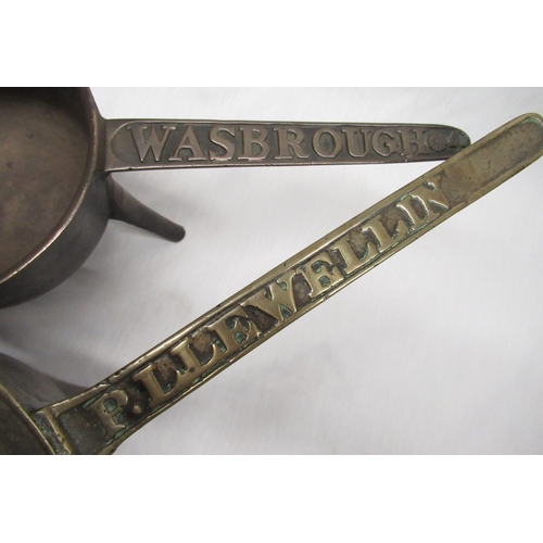 2358 - Brass saucepan, on three short supports, handle marked P. Llewellin L50cm, similar brass pan stamped... 