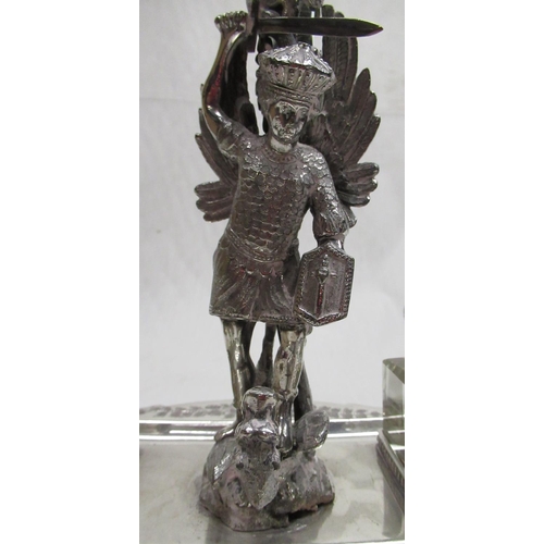 2176 - Victorian EPNS ink stand, oval base with gadrooned border and central cast figure of a knight slayin... 