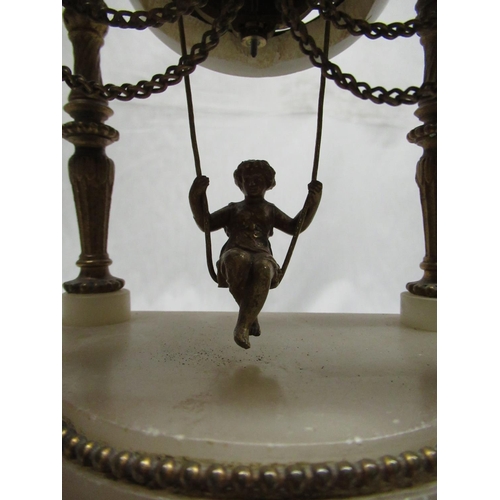 2138 - C19th French gilt metal mounted alabaster portico clock, drum movement with child in swing pendulum,... 