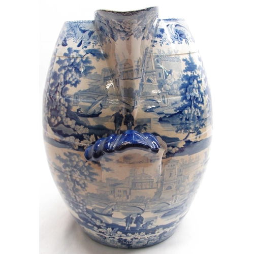 2178 - Large Victorian Staffordshire water jug, barrel shaped body blue and white transfer printed with ext... 