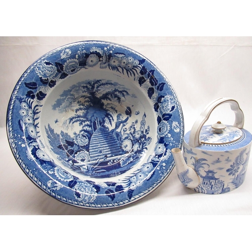 2180 - Victorian Staffordshire wash bowl, blue and white transfer printed with Bee Catcher pattern within f... 