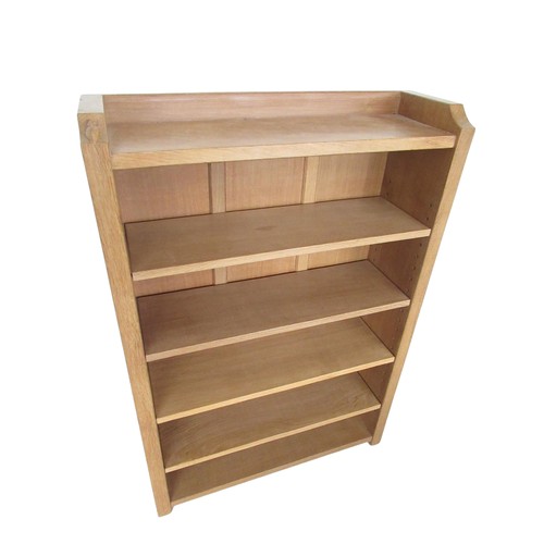 2013 - Robert Mouseman Thompson - oak bookcase with galleried top and four adjustable shelves, carved with ... 