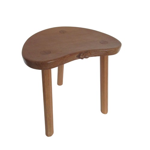 2046 - Robert Mouseman Thompson - oak cow stool, kidney shaped top on three outsplayed octagonal tapering s... 