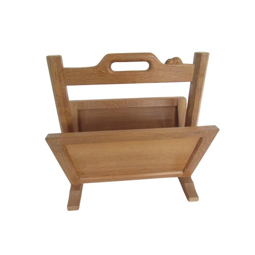 2039 - Robert Mouseman Thompson - oak magazine rack with pierced handle on octagonal supports and sledge fe... 