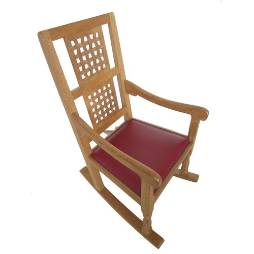 2015 - Robert Mouseman Thompson - oak rocking chair with interlaced double splat and brass nail ox blood le... 