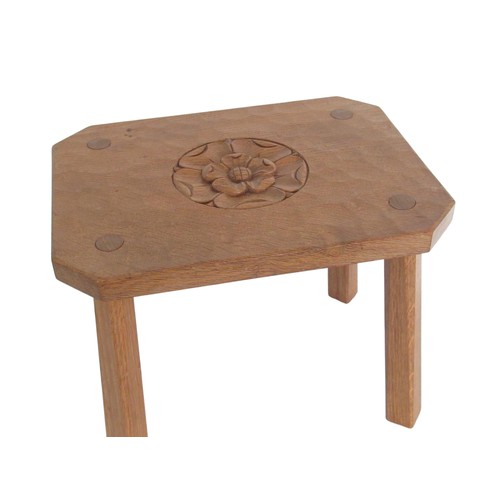 2073 - Peter R Pearson - oak stool, adzed rectangular top carved with Yorkshire Rose on four faceted square... 