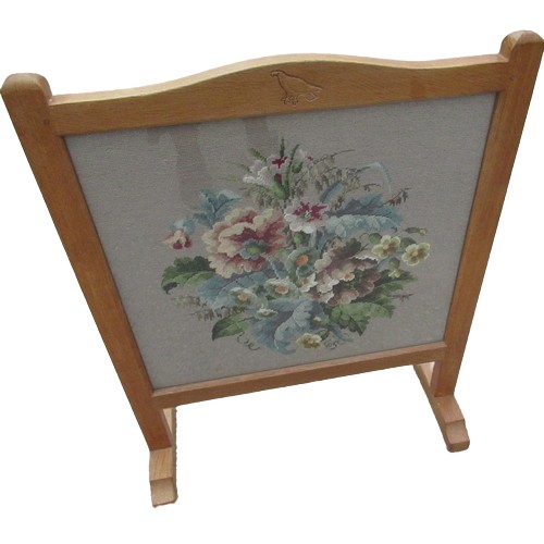 2076 - Albert Eagleman Jeffray - oak fire screen, arched top with floral woolwork glazed panel on stepped s... 