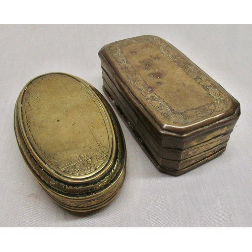 2132 - Early C19th Dutch brass oval tobacco box, engraved with rural figures and text, with hinged lid W13.... 