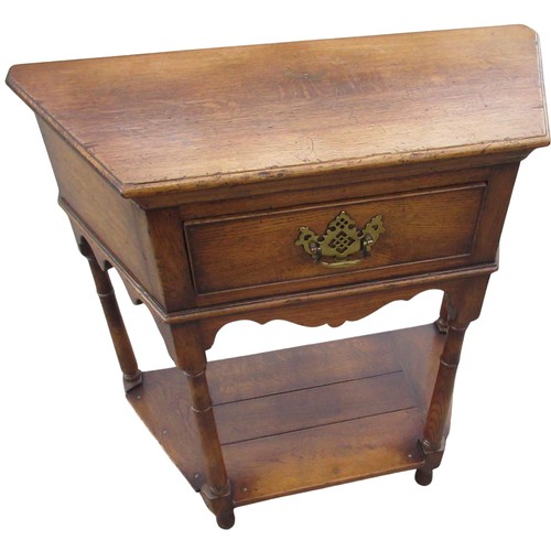 2343 - Charles II style oak credence type side table, with moulded top and cockbeaded drawer, above shaped ... 