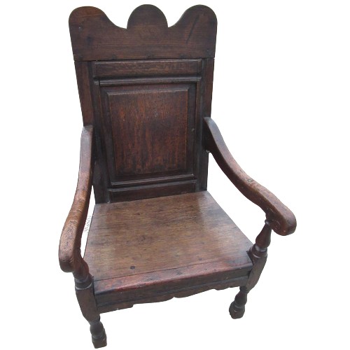 2326 - C17th and later oak wainscot type chair, reeded fielded panelled back with arched cresting, solid se... 