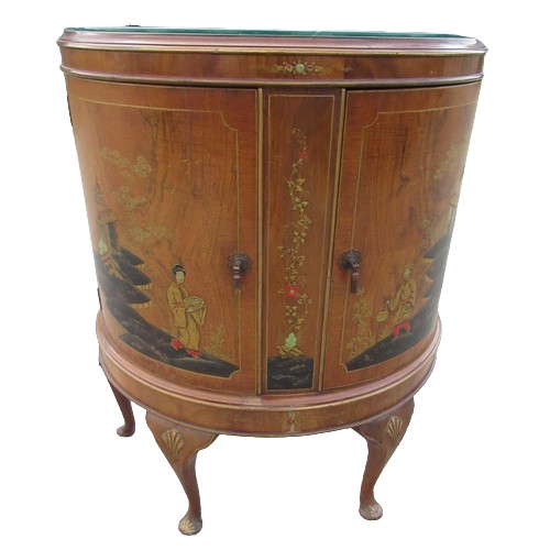 2341 - C20th figured walnut demi-lune side cabinet, chinoiserie  decorated with figures and pagodas on shel... 