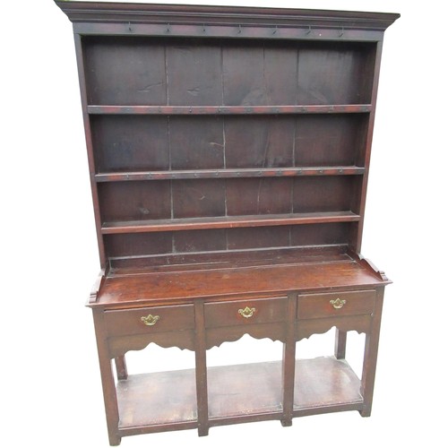 2316 - Geo. III oak pot board dresser, raised back with moulded cornice and three shelves with iron hooks, ... 